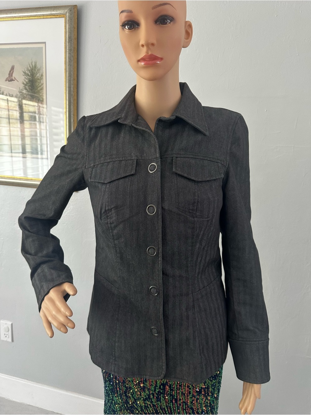 Slim Fit Dark Gray Women's Jean Jacket with Button Front